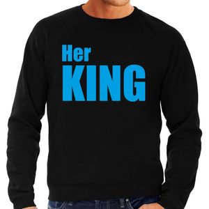 Her king zwarte trui / sweater met blauwe tekst voor heren / koppels / bruidspaar 2XL  -