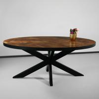 Eettafel ovaal mangohout visgraat 180x100cm Liv bruin ovale industriële tafel duurzaam mango eetkamertafel