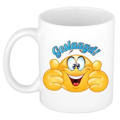 Cadeau koffie/thee mok - duim omhoog smiley - geslaagd - blauw - 300 ml - keramiek