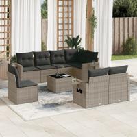 9-delige Loungeset met kussens poly rattan grijs