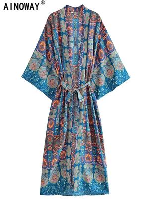 Bon&Bon Bohemian Floral Print Maxi Kimono Robe - V-Neck Bikini Cover-up green / S(UK 8)