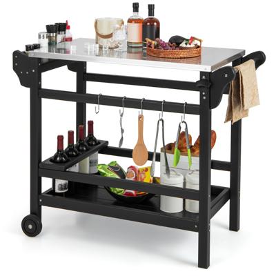 Grillwagen van HDPE voor Buiten Grilltafel voor Barbecue met Handvat en Wielen Roestvrij Stalen Dienblad Kruidenrek Flessenhouder