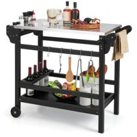 Grillwagen van HDPE voor Buiten Grilltafel voor Barbecue met Handvat en Wielen Roestvrij Stalen Dienblad Kruidenrek Flessenhouder