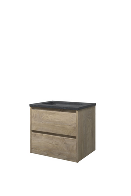Proline hardsteen Elegant wastafelonderkast met 2 asymmetrische lades en hardstenen wastafel 1 kraangat 60 x 54,5 x 46 cm, raw oak Proline hardsteen Elegant wastafelonderkast met 2 asymmetrische lades en hardstenen wastafel 1 kraangat 60 x 54,5 x 46 cm, raw oak