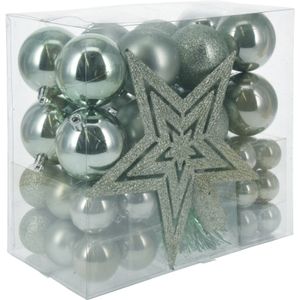 Kerstballen set 3,4,6 cm - met ster piek - 54-dlg - kunststof - mintgroen