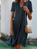 Women's Short Sleeve Summer Dark Blue Polka Dots V Neck Daily Casual Midi Dress