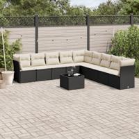 10-delige Loungeset met kussens poly rattan zwart