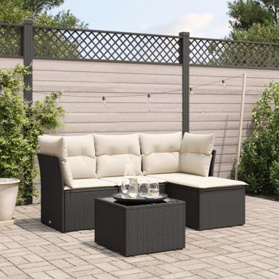 5-delige Loungeset met kussens poly rattan zwart