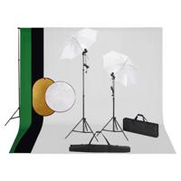 Fotostudioset met lampen, paraplu's, achtergrond en reflector