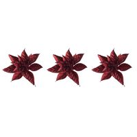 3x stuks decoratie bloemen kerstster rood glitter op clip 15 cm - thumbnail