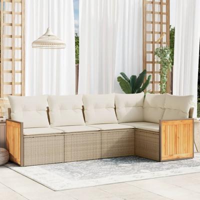 5-delige Loungeset met kussens poly rattan beige