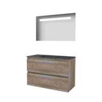 Basic-Line Economic 46 Badkamermeubelset - 100 x 46 cm - Greeploos - 2 Lades - Hardstenen Wastafel - 1 Kraangat - Spiegel met LED Verlichting - Scotch Oak