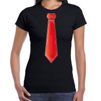 Verkleed t-shirt voor dames - stropdas rood - zwart - carnaval - foute party - verkleedshirt