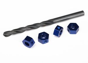 Wheel adaptors, 12mm hex, 6061-T6 aluminum (blue-anodized) (4)/ screw pins (4)/ drill bit, 0.25 inch (TRX-6869)