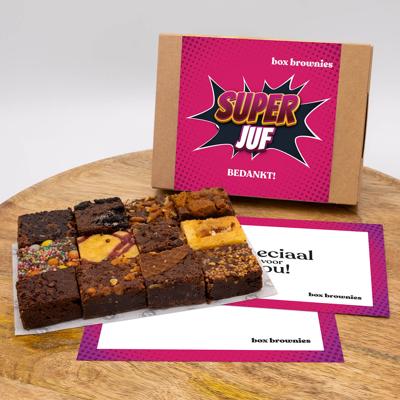 Bedankt Juf Mini's Box - 12 Brownies Per Post - Brievenbus Pakket - 12 smaken - Juf Cadeau - Bedankt Juf - Bedankje juf - Bedankt Cadeau - Super Juf
