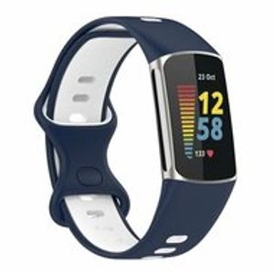 FitBit Charge 5 & 6 Sportbandje met dubbele lus - Donkerblauw / wit - Tweekleurig - Maat: L