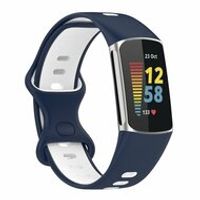 FitBit Charge 5 & 6 Sportbandje met dubbele lus - Donkerblauw / wit - Tweekleurig - Maat: L - thumbnail