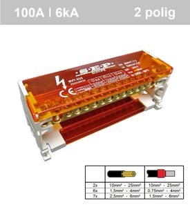 SEP 2 polig verdeelset 100A 2x15 aansluitingen 500VAC/DC