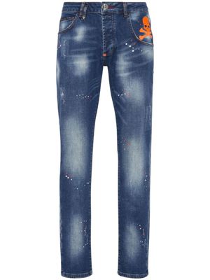 Philipp Plein jean droit à effet taches de peinture - Bleu