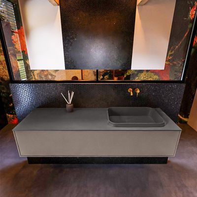 Badkamermeubelset Mondiaz Erin 150 cm met 1 Lade met RIDGE Wastafel Rechts Dark grey Zonder Kraangaten Greeploos Mat Smoke