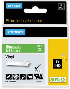 Dymo RHINO vinyltape 19 mm, wit op groen