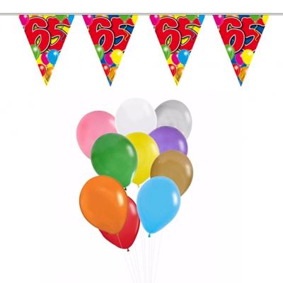 Verjaardag 65 jaar feestartikelen set - 50x ballonnen - 2x leeftijd print vlaggenlijnen