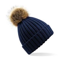 Gebreide winter muts navyblauw met nep bont pompon voor dames/he   -