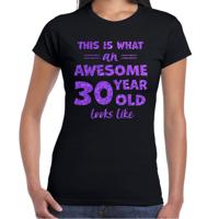 Verkleed T-shirt voor dames - leeftijd 30 jaar - awesome - zwart - glitter paars - Verjaardagsfeest