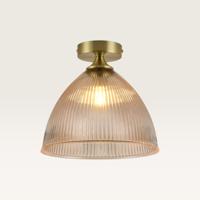 Plafondlamp Ciotola ambra - Koepelvormige bol van geribbeld amberkleurig glas en metalen gouden drager - Zonder lichtbron