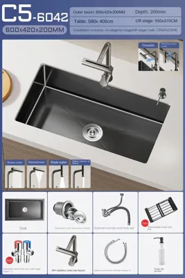 Luxe Waterval Keukenspoelbak - Zwart RVS | Enkelbak | Onderbouw | Inclusief Kraan & Zeepdispenser