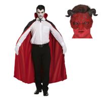 Halloween Duivel verkleedset - masker met hoorns - Lange cape met kraag rood - volwassenen