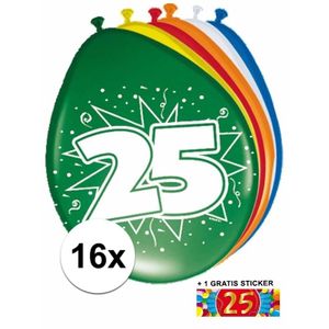 Ballonnen 25 jaar van 30 cm 16 stuks + gratis sticker