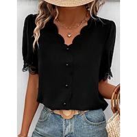 Dames Overhemd Blouse Effen Kleur Kant nappi Dagelijks Casual Korte mouw V-hals Zwart Zomer Lightinthebox - thumbnail