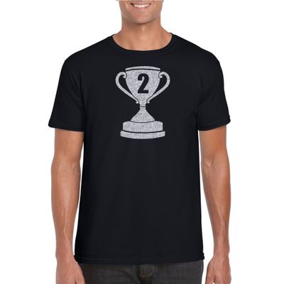 Zilveren kampioens beker / nummer 2 t-shirt / kleding zwart heren