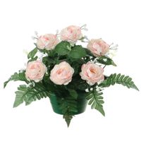 Kunstbloemen plantje rozen in pot - lichtroze - 25 cm - Bloemstuk ornament - met bladgroen - thumbnail