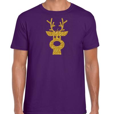 Kerst verkleed T-shirt voor heren - paars - Rendier hoofd - glitter goud - Kerstkleding