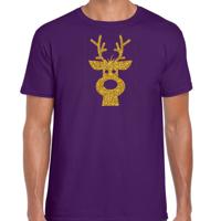Kerst verkleed T-shirt voor heren - paars - Rendier hoofd - glitter goud - Kerstkleding