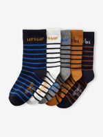 Set van 5 paar gestreepte sokken jongens nachtblauw