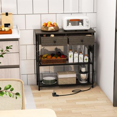 Consoletafel met Laadstation Haltafel met 2 Laden en 2 Metalen Roosterplanken met Stopcontacten Bijzettafel Vintage / Grijs