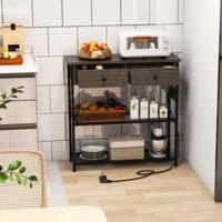 Consoletafel met Laadstation Haltafel met 2 Laden en 2 Metalen Roosterplanken met Stopcontacten Bijzettafel Vintage / Grijs
