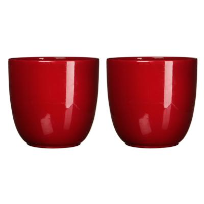 Mica Decorations Plantenpot - 2x stuks - rood - glans - keramiek - D14,5 x H14 cm - bloempot