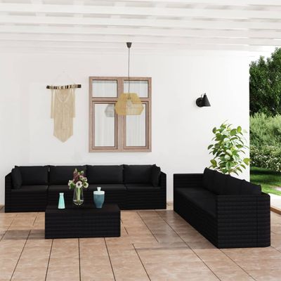 vidaXL 9-delige Loungeset met kussens poly rattan zwart vidaXL 9-delige Loungeset met kussens poly rattan zwart