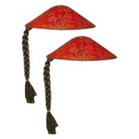 2x stuks aziatische/Chinese verkleed hoed rood met vlecht