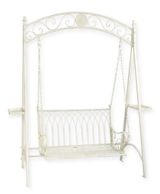 A TWO-SEAT WHITE IRON SWINGBENCH