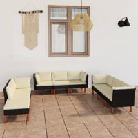 9-delige Loungeset met kussens poly rattan zwart