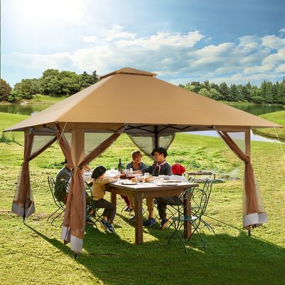 4 x 4 m Paviljoen Tuinpaviljoen met Zijwanden van Gaas UV-Bescherming 50+ Pop-Up Vouwpaviljoen Incl. Draagtas met Wieltjes (Kaki)