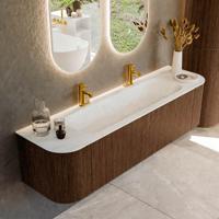 Badmeubel Mondiaz Kurve-Dlux | 170 cm | Meubelkleur Walnut | Wastafelkleur Opalo | Solid surface | Midden spoelbak | 2 kraangaten Badmeubel Mondiaz Kurve-Dlux | 170 cm | Meubelkleur Walnut | Wastafelkleur Opalo | Solid surface | Midden spoelbak | 2 kraangaten