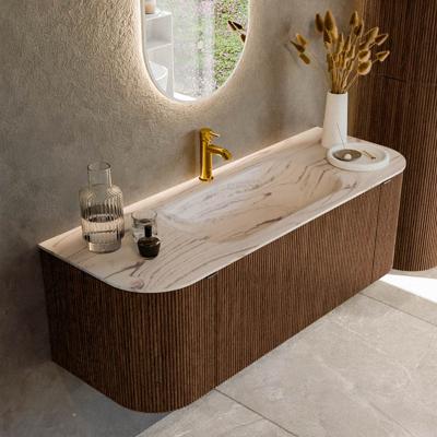 Badmeubel Mondiaz Kurve-Dlux | 130 cm | Meubelkleur Walnut | Wastafelkleur Nata | Solid surface | Wasbak midden spoelbak | 1 kraangat