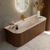 Badmeubel Mondiaz Kurve-Dlux | 130 cm | Meubelkleur Walnut | Wastafelkleur Nata | Solid surface | Wasbak midden spoelbak | 1 kraangat