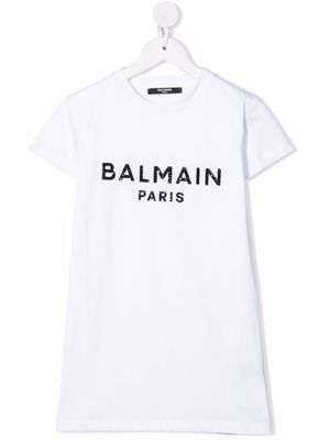 Balmain Kids robe à logo brodé de sequins - Blanc